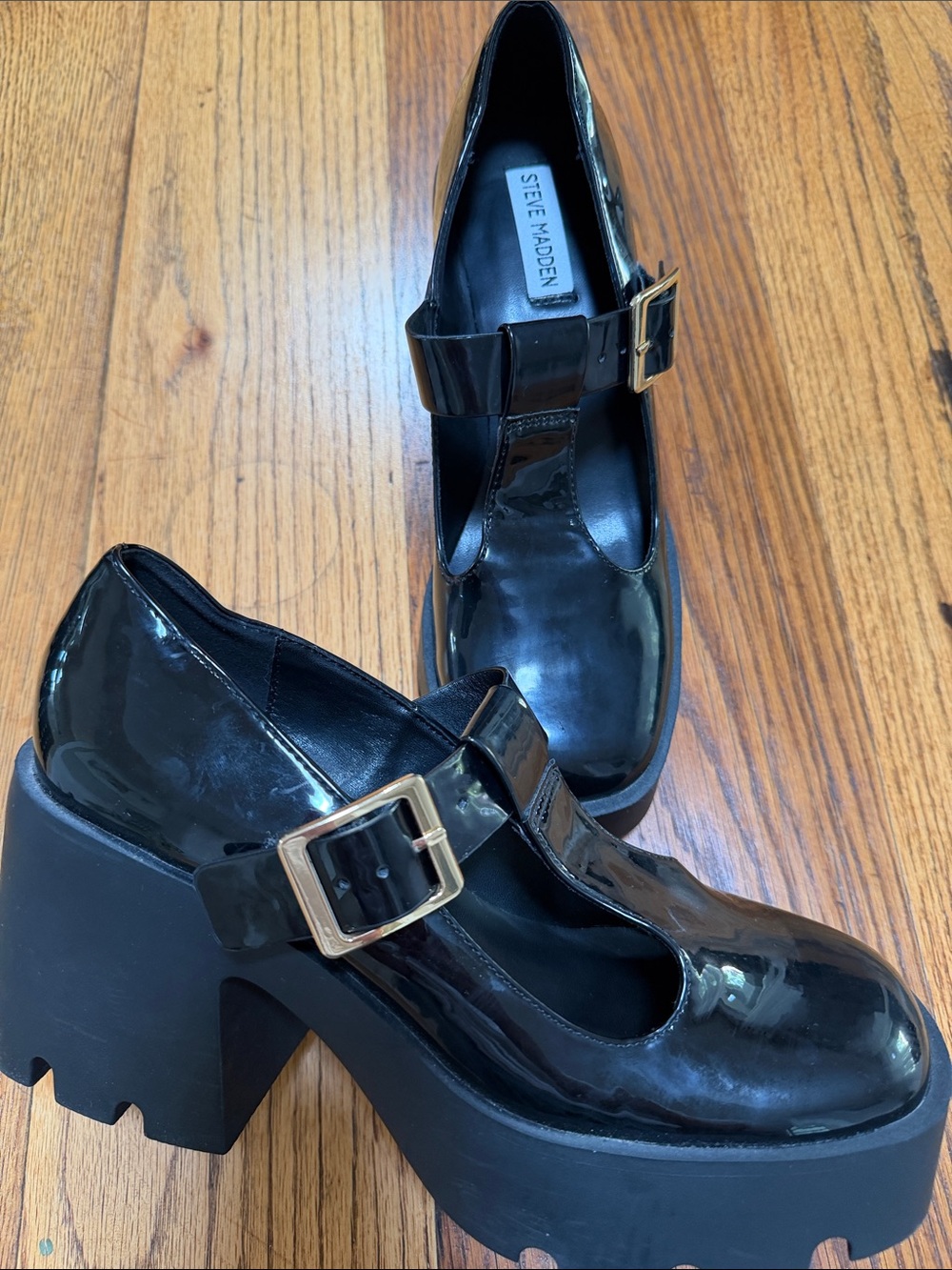 Steve Madden Black Patent Platform Mary Jane with Gold Buckle